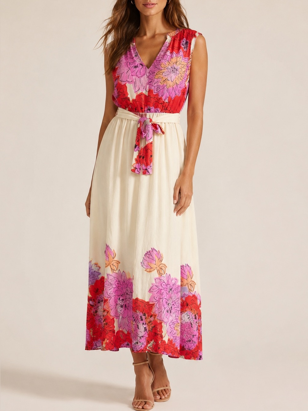 Magari Linen Blend Floral Midi Dress Size S Cream Red Pink Belt Pockets Summer